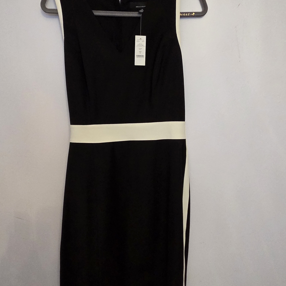 White Fox Boutique Black Midi Dress with Cream Waistband